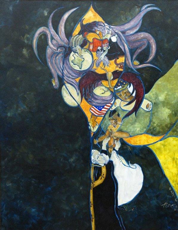 Painting by Darla-Fisher Odjig featuring figure swirled together on a dark background