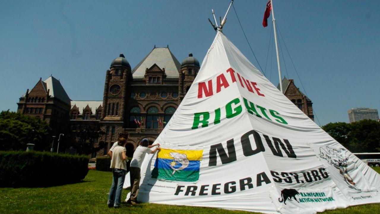 People put up a large teepee in front of Queen's Park